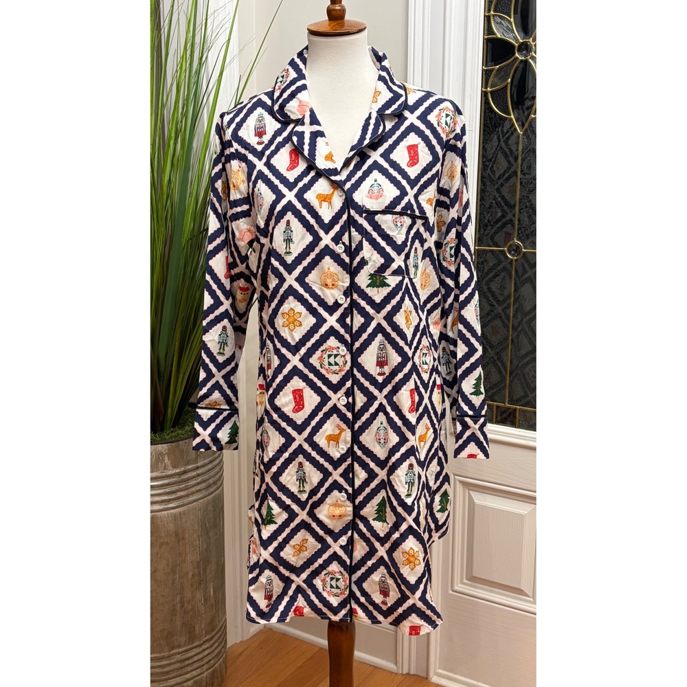 Katie Kime Nutcracker Christmas Nightshirt Navy White Holiday Sleep Shirt NWT M